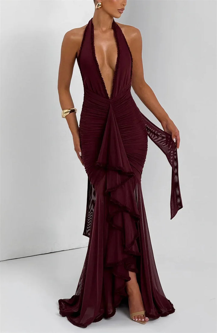 Maxi chiffon dress with ruffles, tie neck, and open back - MARGARITA