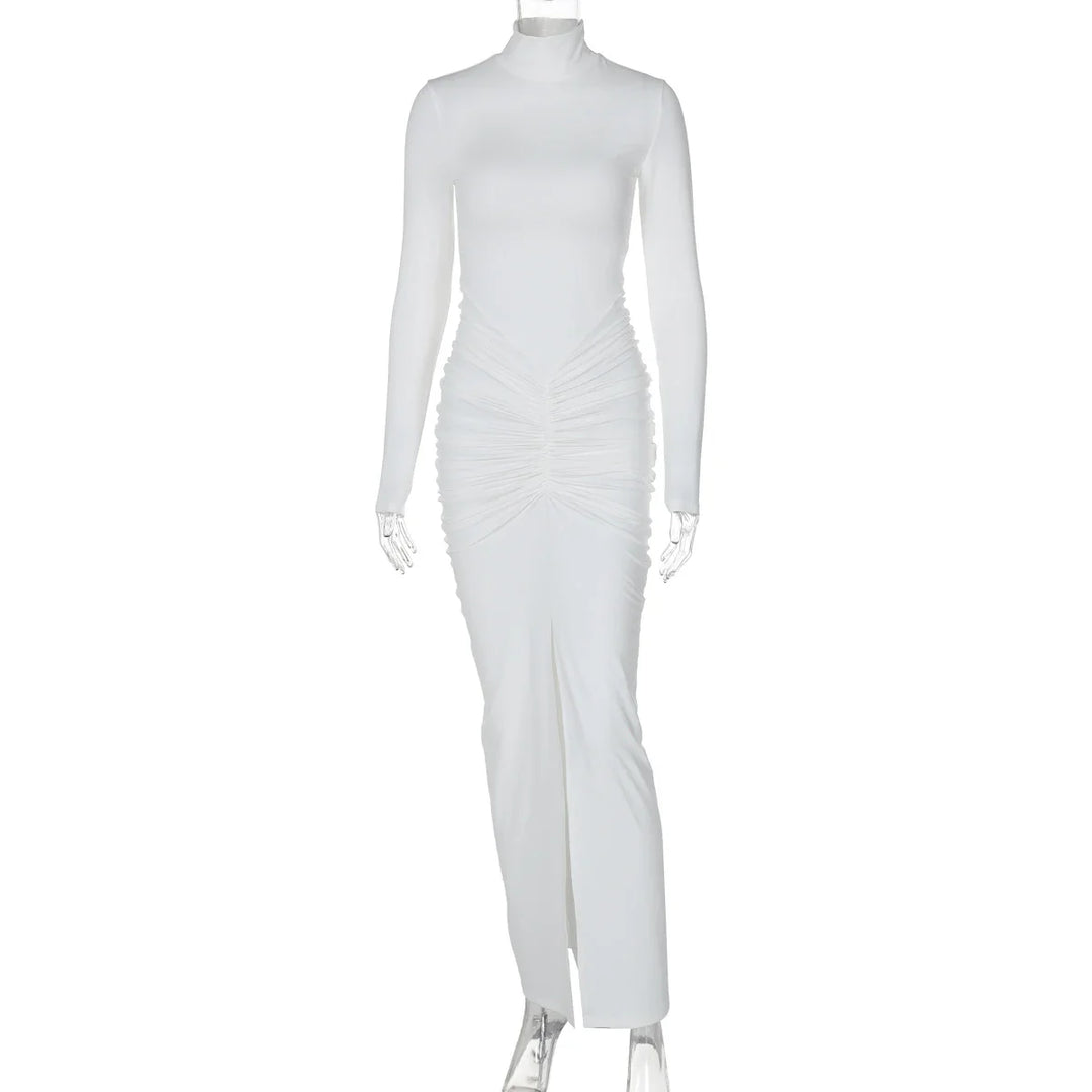 Maxi Dress with Gathered Turtleneck Collar and Slit Embellishment - Brianna