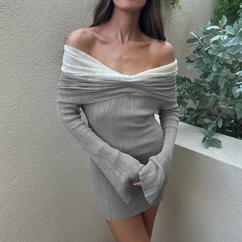 Knitted mini dress with off-shoulder ruching and bell sleeves - Belle
