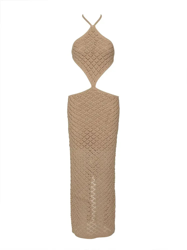 Maxi Beach Mesh Collar Dress with Waist Design and Open Back - Shaya