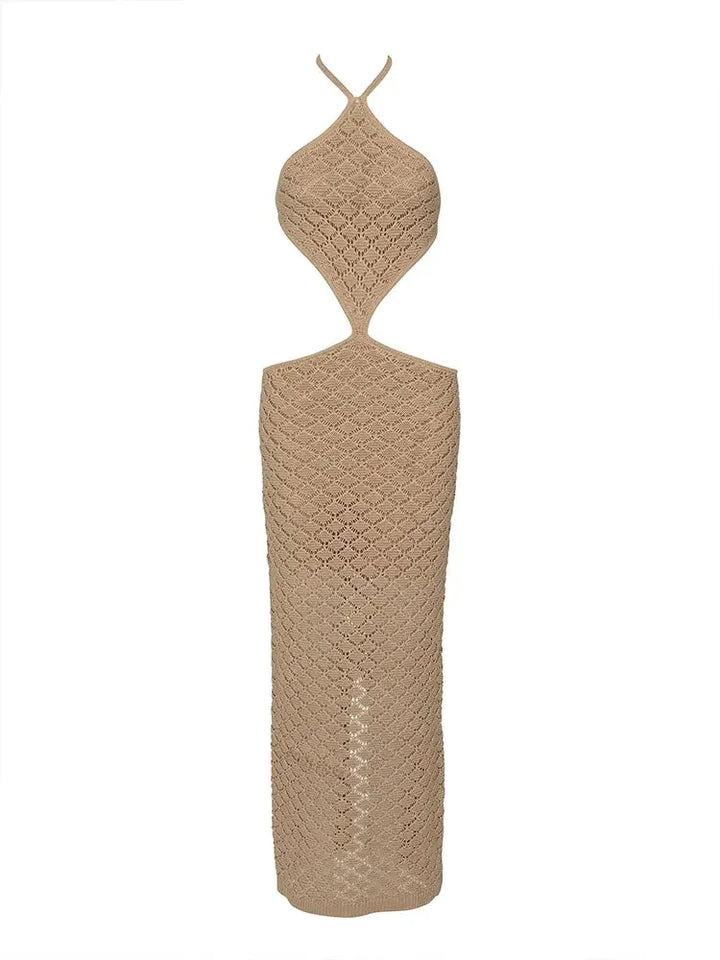 Maxi Beach Mesh Collar Dress with Waist Design and Open Back - Shaya