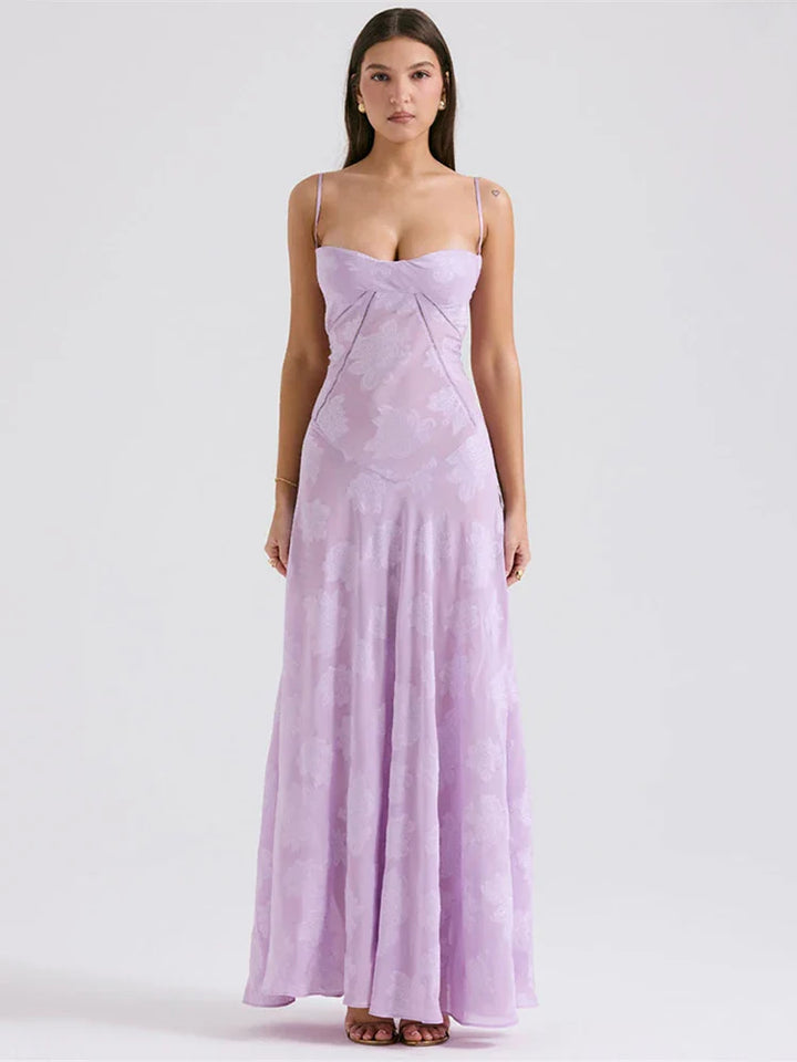 Maxi Dress with Floral Embroidery, Back Tie for Waist Fit - Millie