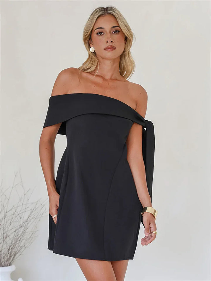 Mini A-line dress with bare shoulders decorated with tie - Sheli