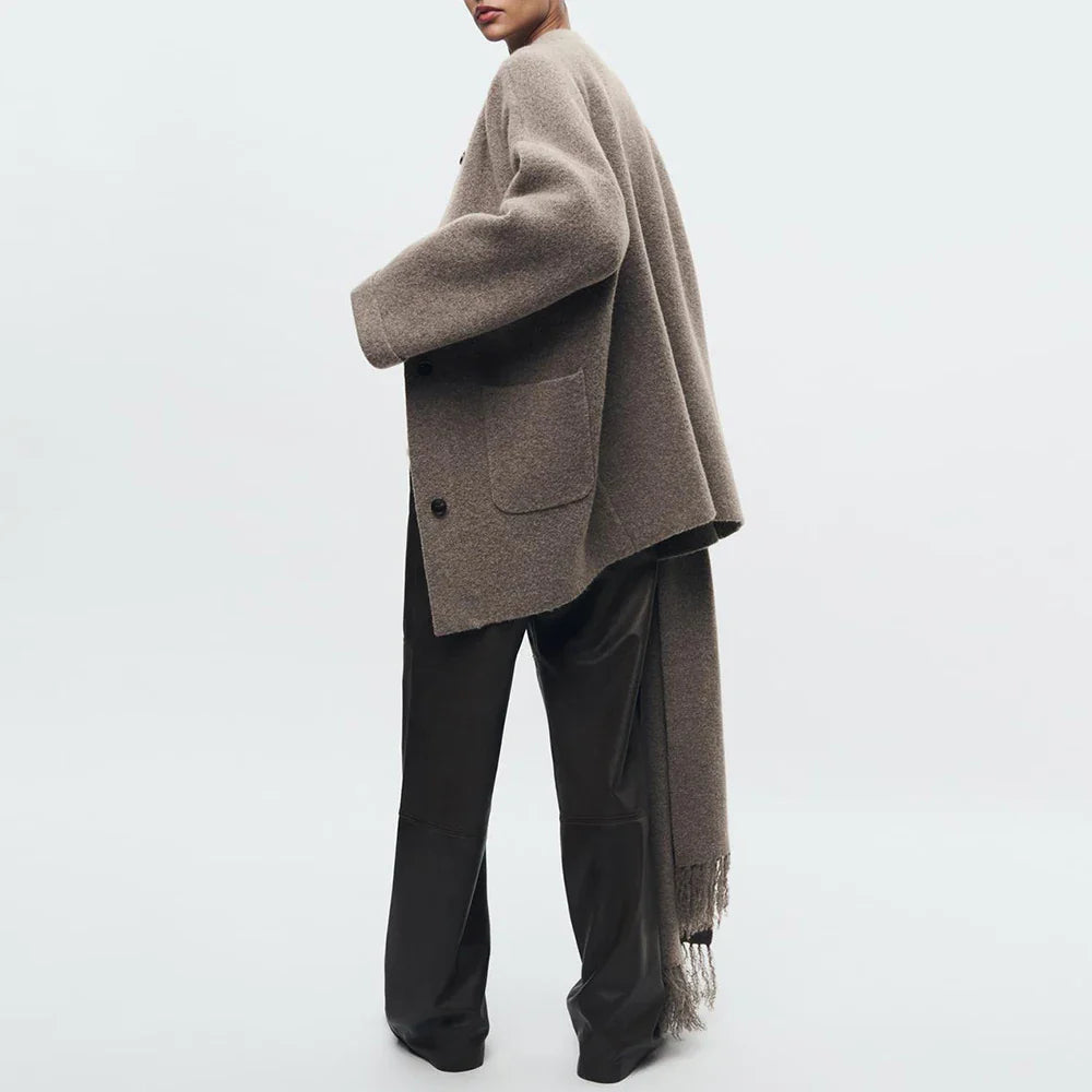 Wool Coat with Scarf Design, Button and Pocket Details - Lorenzo