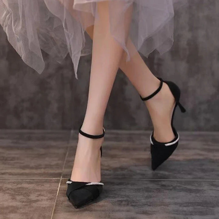 Faux Leather Pointed Heels with Rhinestone Decoration - Mila