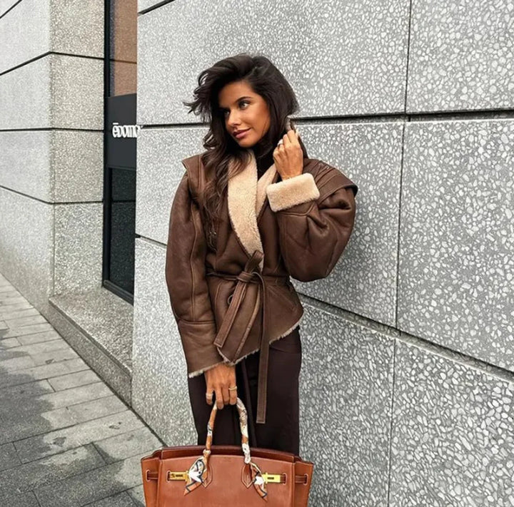 Leather coat with inner fur and belt tie design - Moran