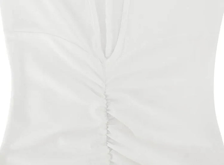 Maxi Dress with Ruching, V-Neckline, Slit, and Off-Shoulder Design - Sylvia
