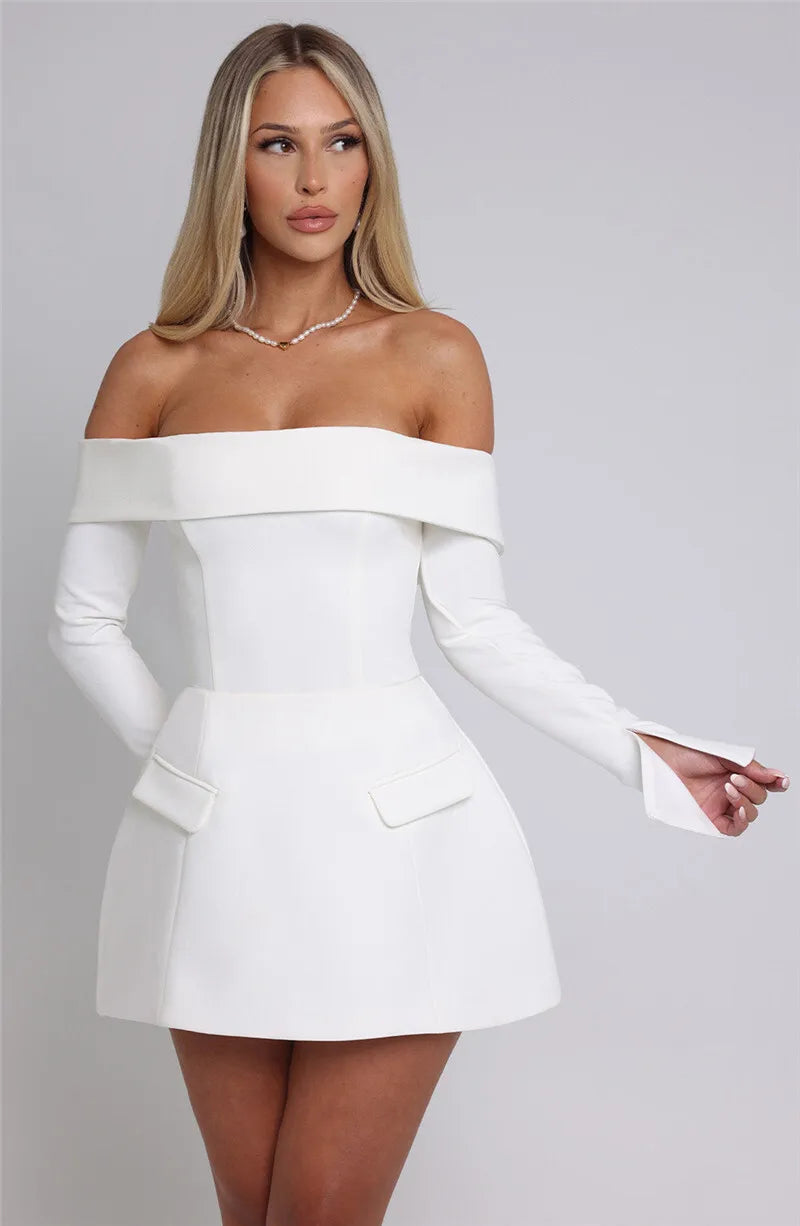 A-line off-shoulder mini dress with faux pocket design - Macy