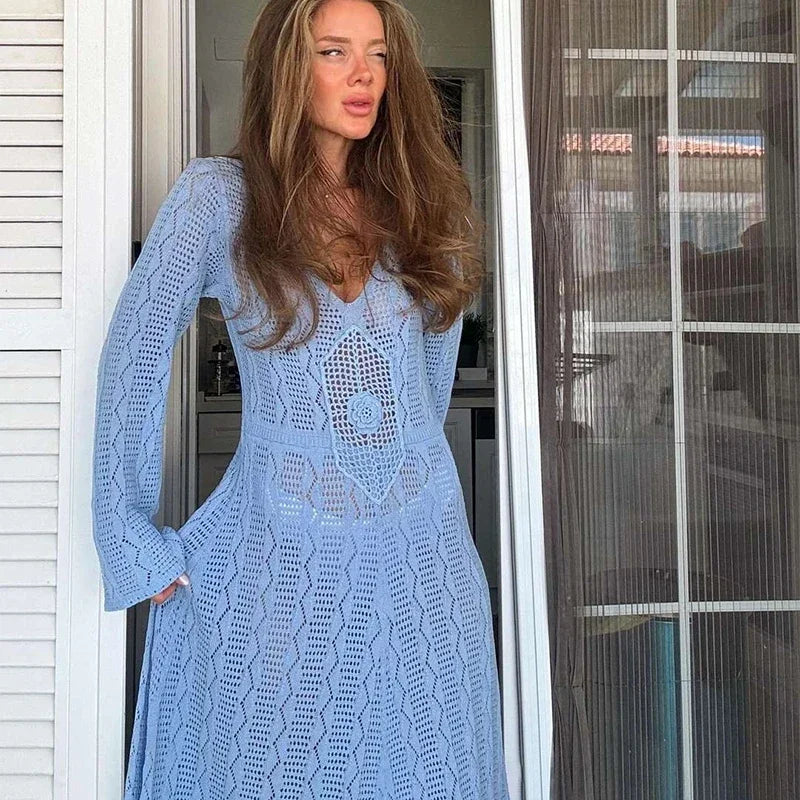 Knitted Maxi Beach Dress with Flower Decoration - Beatrice
