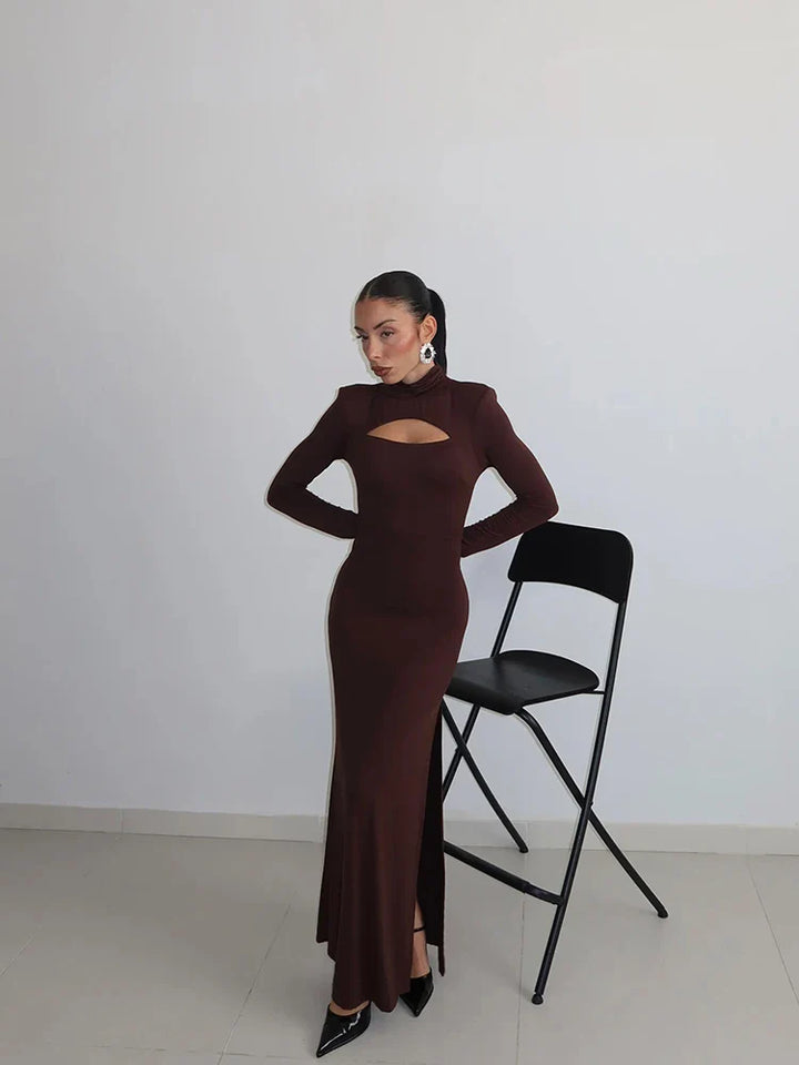 Elegant Maxi Dress with Slit Decoration and Turtleneck Collar - Eliana
