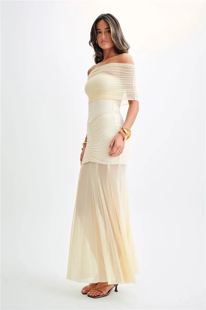 Chiffon Maxi Dress with Gathered Off-the-Shoulder Design - Delilah