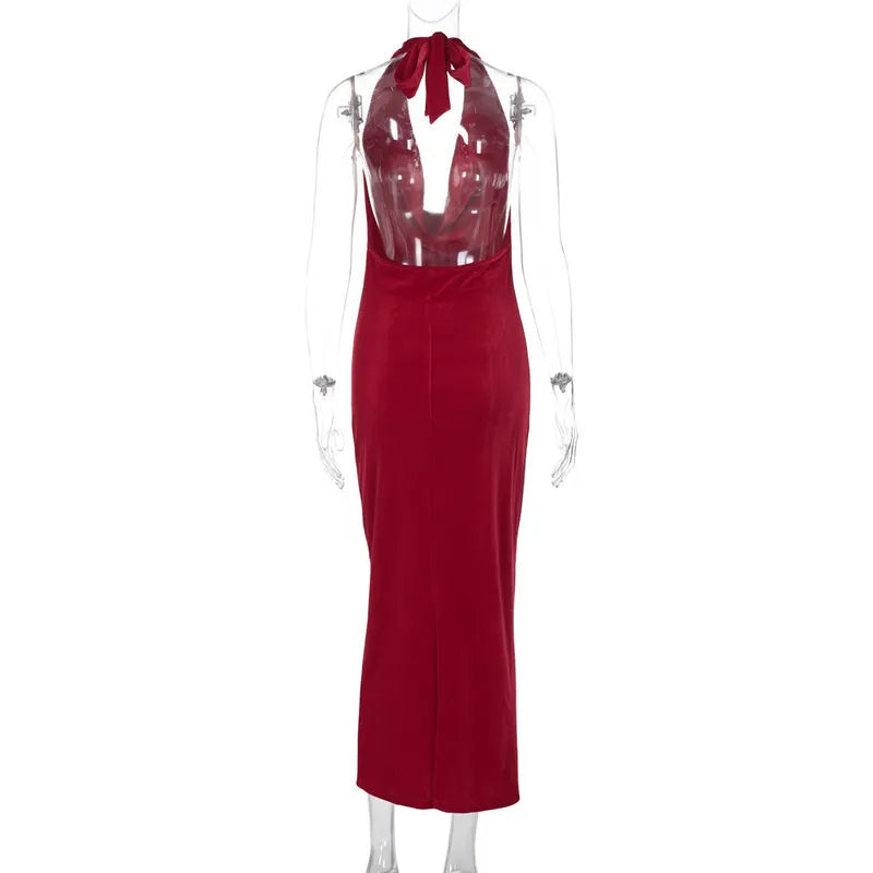 Maxi Velvet Dress with Dropped Collar and Open Back - Marla