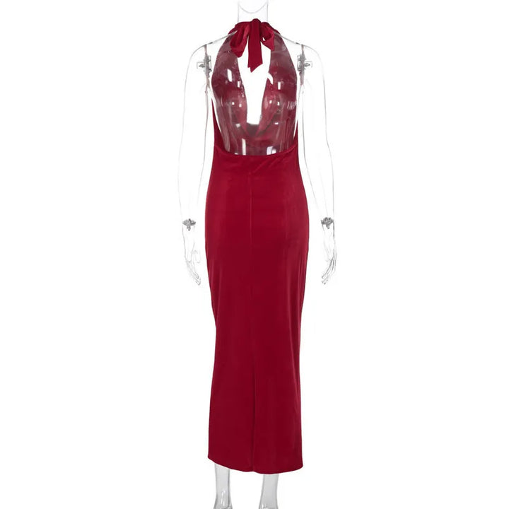 Maxi Velvet Dress with Dropped Collar and Open Back - Marla