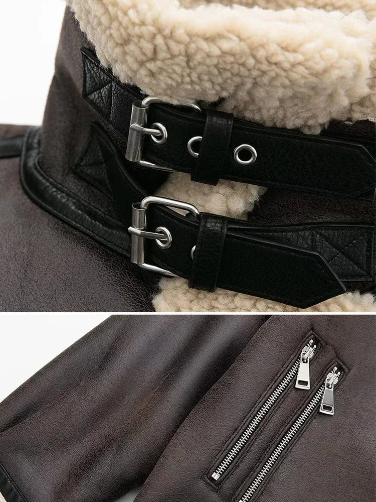 Oversized Leather Coat with Fur Lining - Kaya