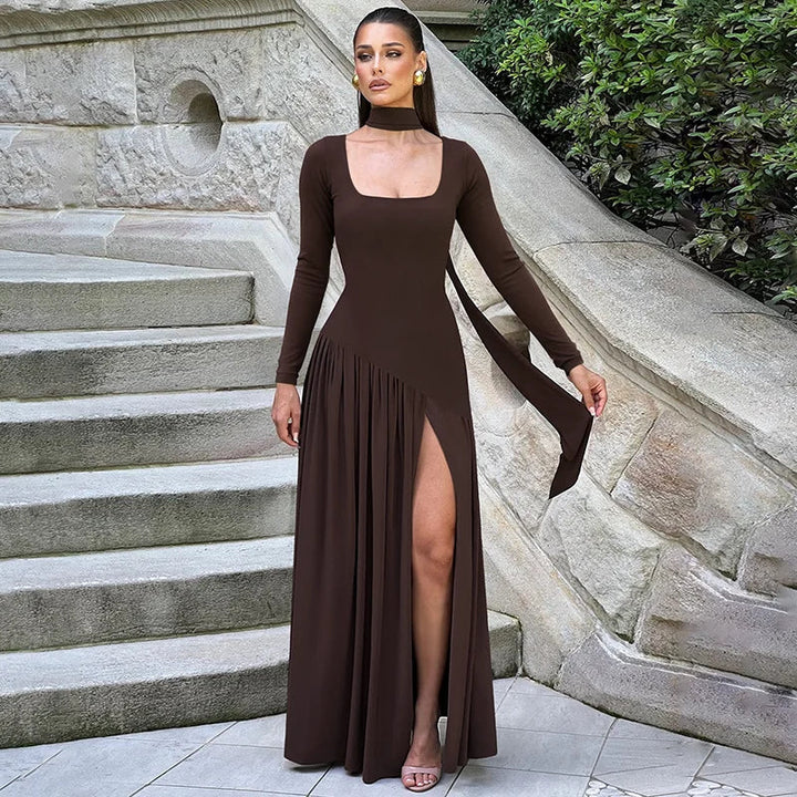 Elegant Maxi Dress with Slit and Scarf Decoration - RONA LI