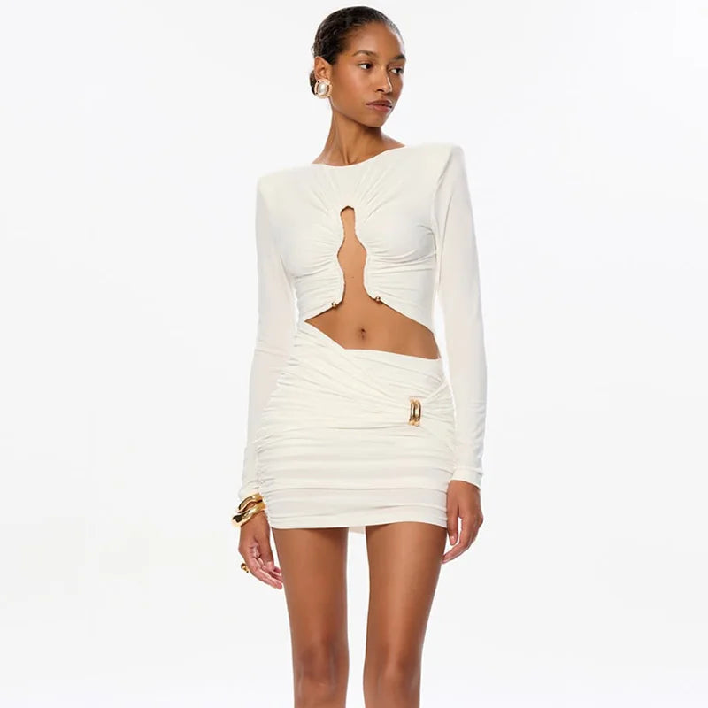 Mini Dress with Ruching and Buckles and Cutouts Decoration - REYNI
