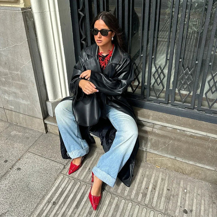 Long Leather Coat with Tie Belt - Sol