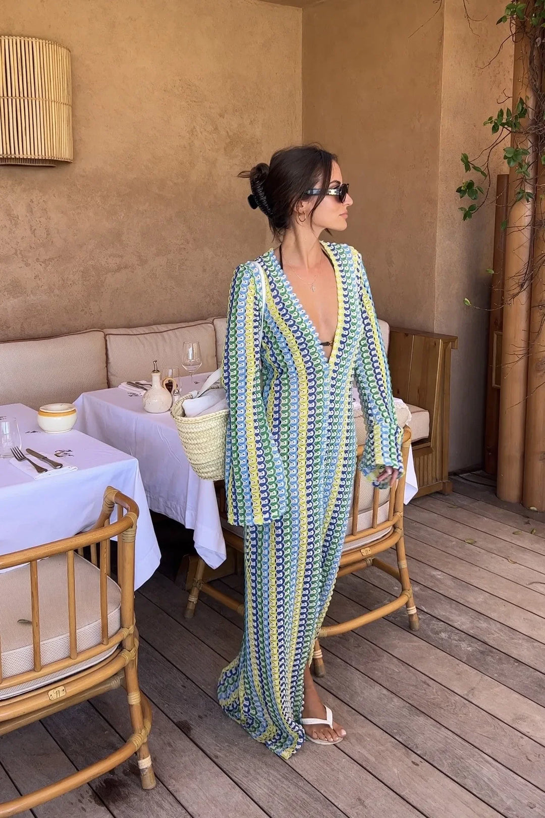 Crochet Beach Maxi Dress with Slit Design - Laila