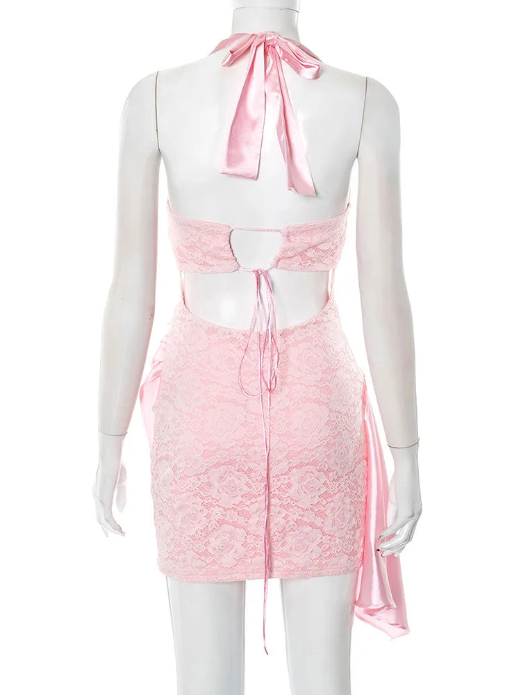Satin mini dress with lace trim - Yovelia