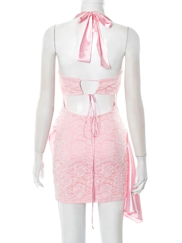 Satin mini dress with lace trim - Yovelia