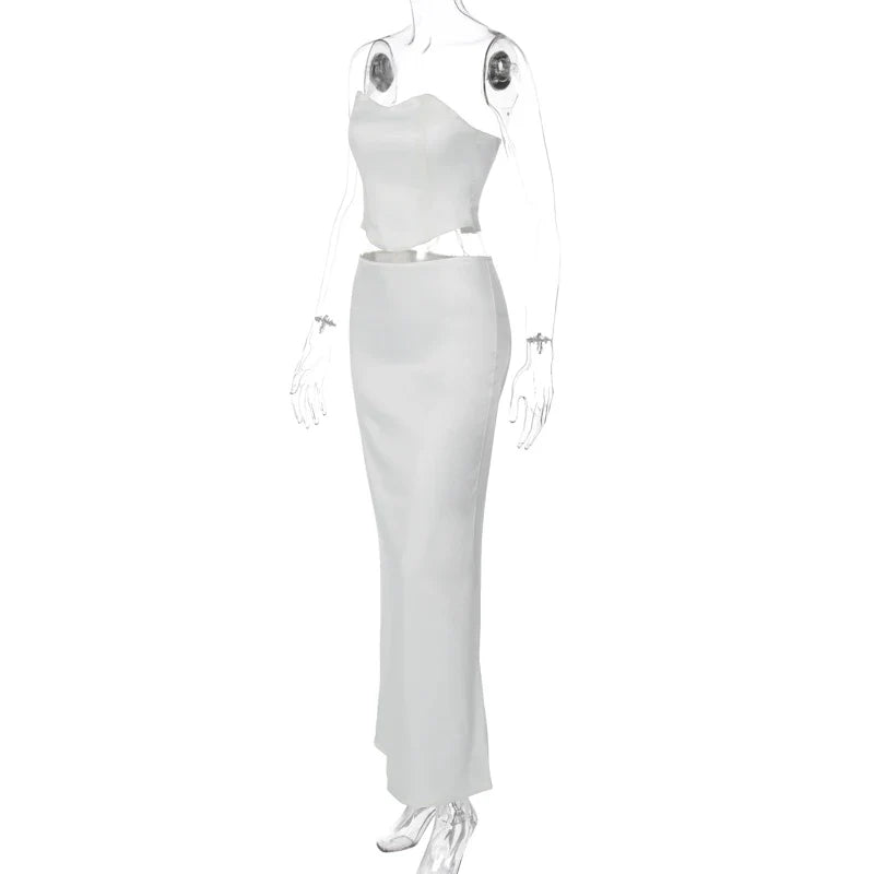Two-Piece Satin Set with Strapless Top and Maxi Skirt - Siana