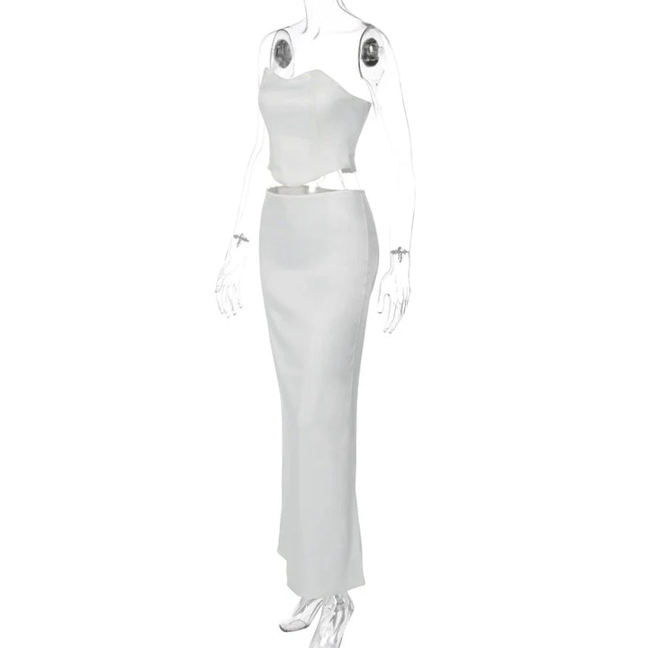 Two-Piece Satin Set with Strapless Top and Maxi Skirt - Siana
