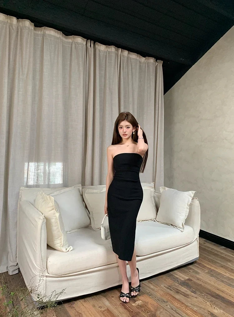 Elegant Strapless Midi Dress with Slit Decoration - Coral