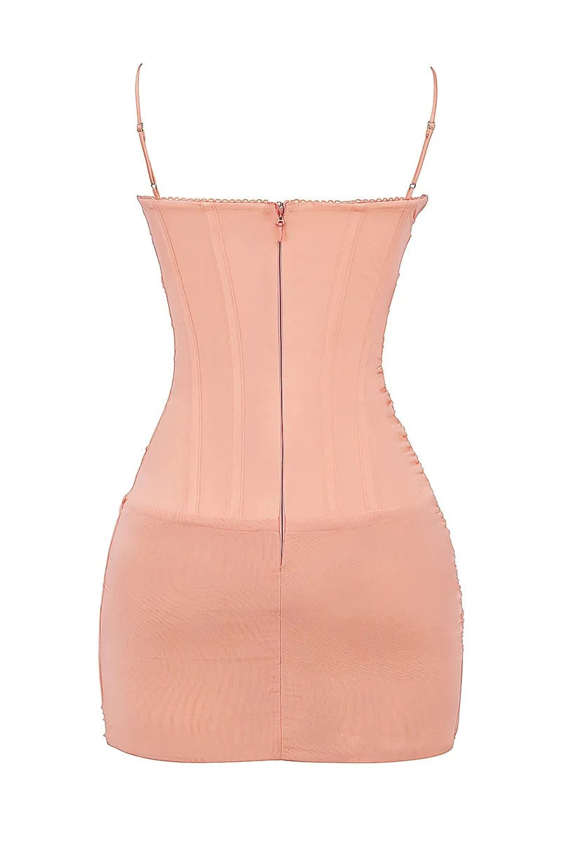 Fitted Chiffon Mini Dress with Corset and Lace Detail - Fiji