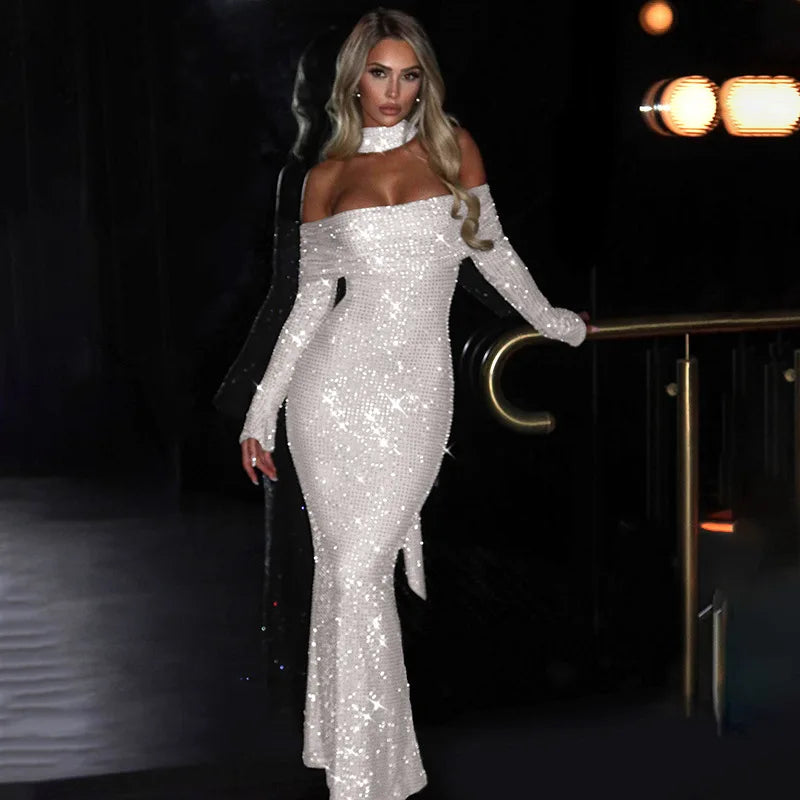 Maxi Off-Shoulder Dress with Glittering Sequins and Matching Scarf - Sandra