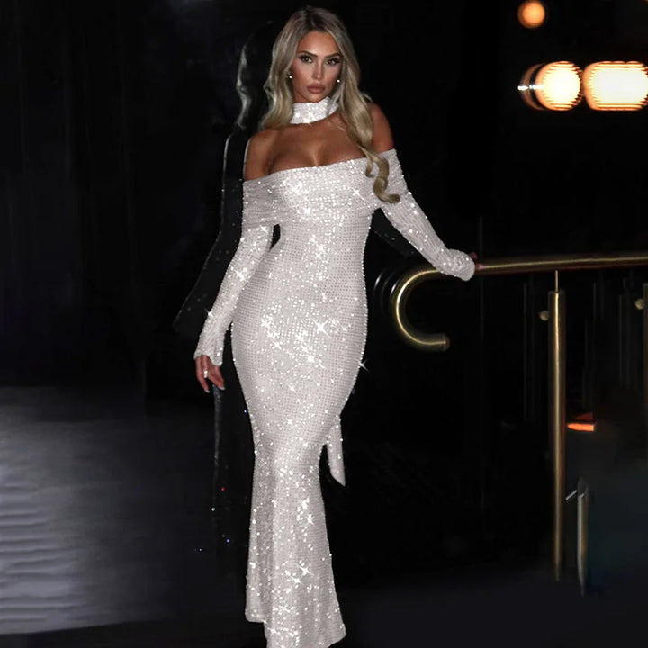 Maxi Off-Shoulder Dress with Glittering Sequins and Matching Scarf - Sandra