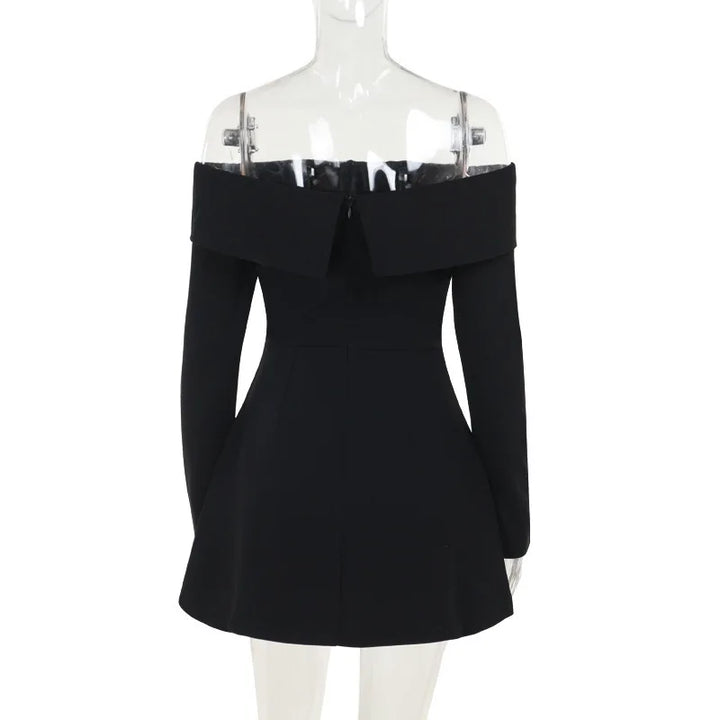 A-line off-shoulder mini dress with faux pocket design - Macy