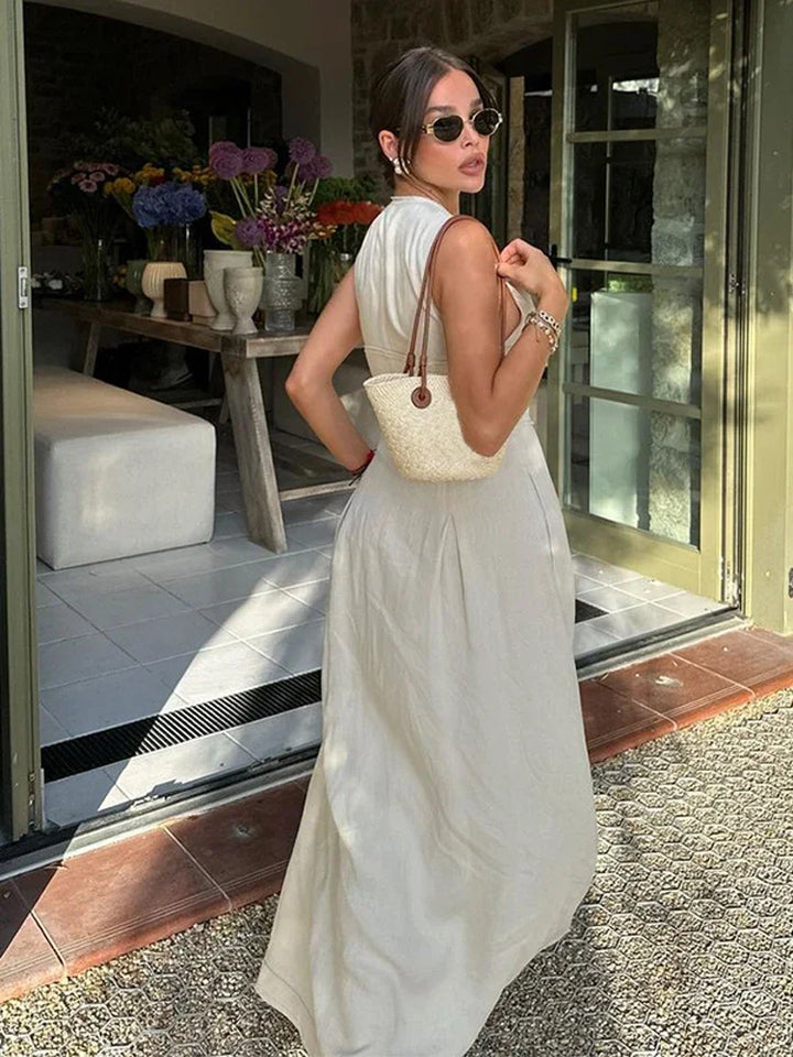 Tailored A-Line Maxi Dress with Front Zipper Closure - Adriana