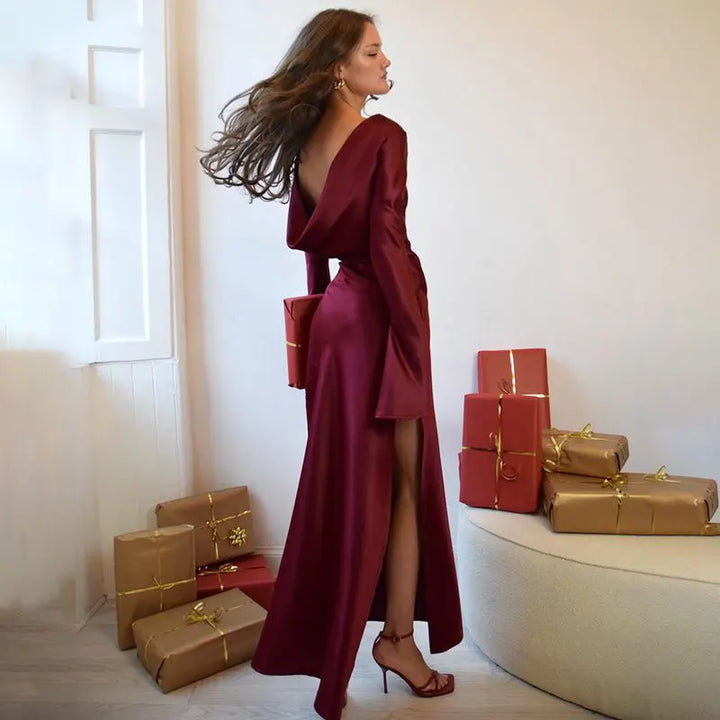 Maxi satin evening dress with open back, slit, and bell sleeves - Marian