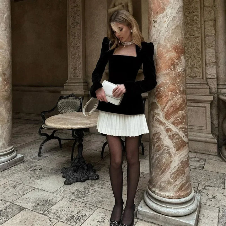 Velvet Mini Dress with Pleated Skirt Design - Ophelia