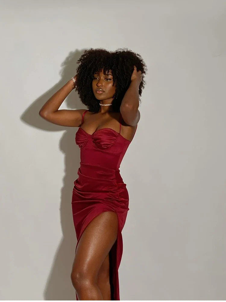 Elegant Satin Maxi Dress with Deep Slit - Venice