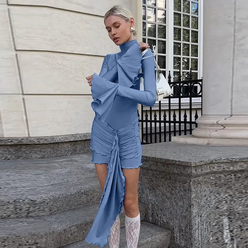 Turtleneck mini dress with bell sleeves and ruffle detail - Jenna