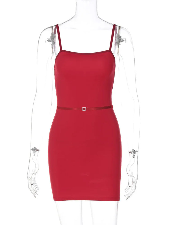 Fitted mini dress with thin belt decoration - LOLI