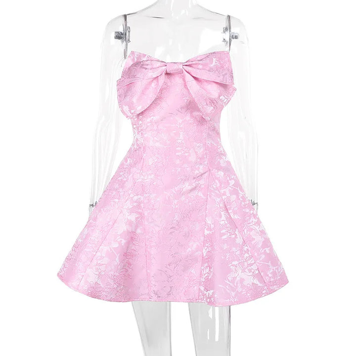 Mini Strapless A-Line Dress with Bow and Floral Embroidery Detail - Alina
