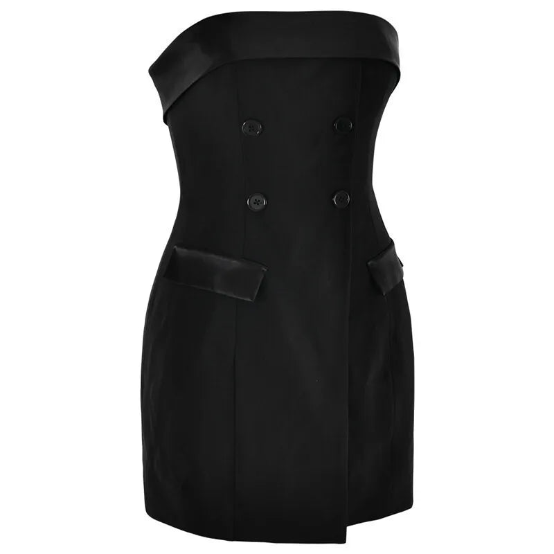 Strapless Mini Dress with Button and Faux Pocket Detail - Bonnie