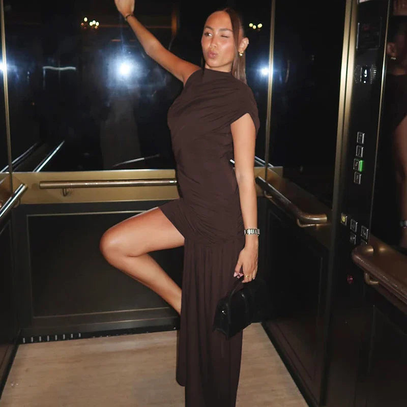 Mini dress with ruching and asymmetrical design decorated with a train - Jay