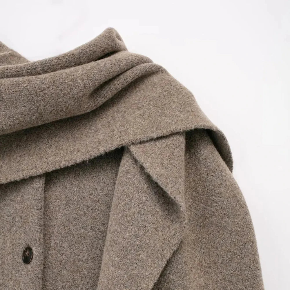 Wool Coat with Scarf Design, Button and Pocket Details - Lorenzo
