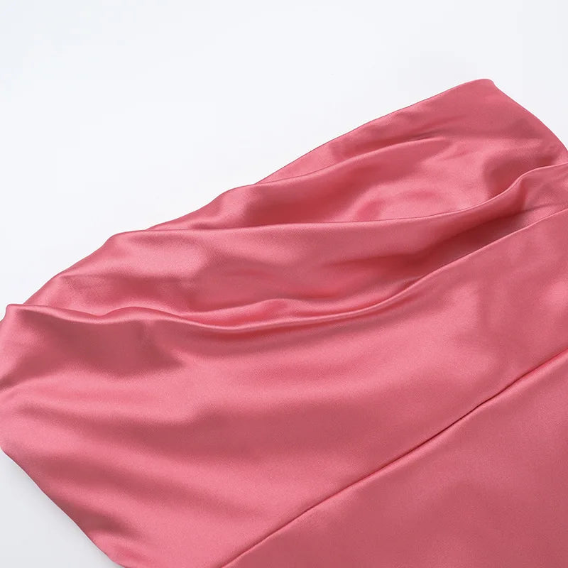 Maxi Strapless Satin Dress with Pleated Design - Rosa