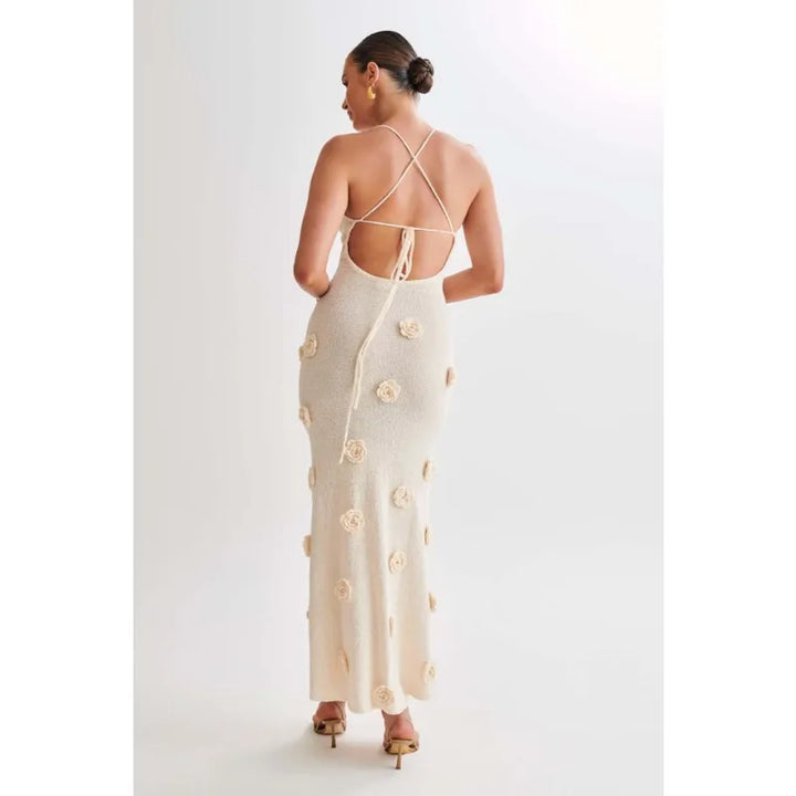 Knitted Maxi Dress with Floral Appliqués and Back Tie Detail - Malaya