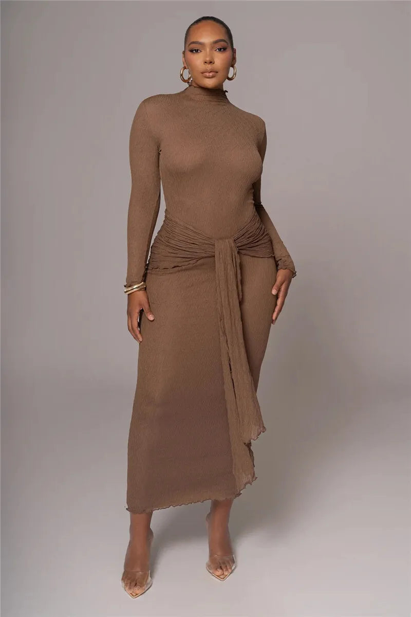 Maxi dress with ruching, tie decoration, and turtleneck collar - Halsey