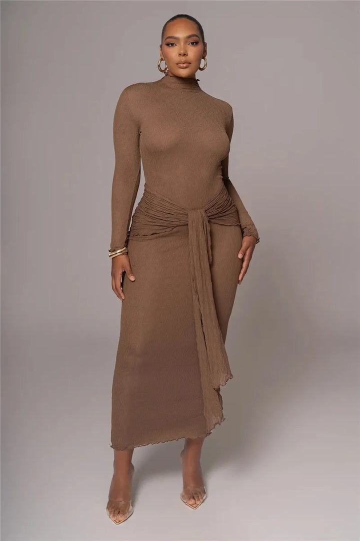 Maxi dress with ruching, tie decoration, and turtleneck collar - Halsey