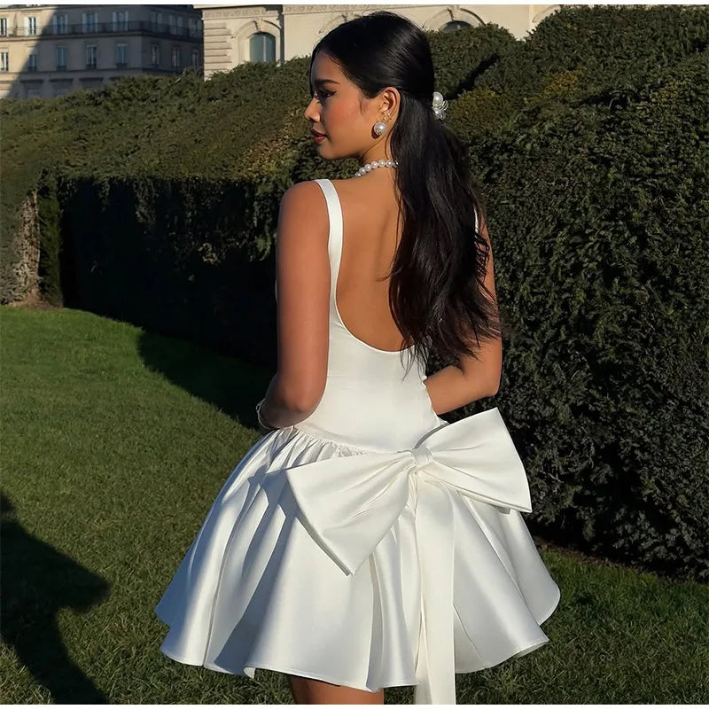 Satin Mini Dress with Open Back and Bow Embellishment - Reese