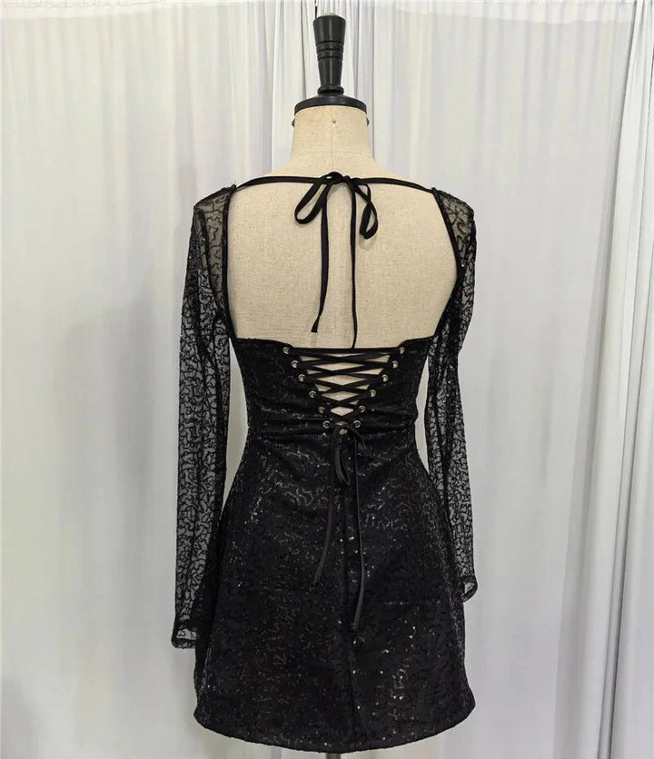 Mini Dress with Sparkling Sequin Embellishment, A-Line, and Mesh Sleeves - Skylar