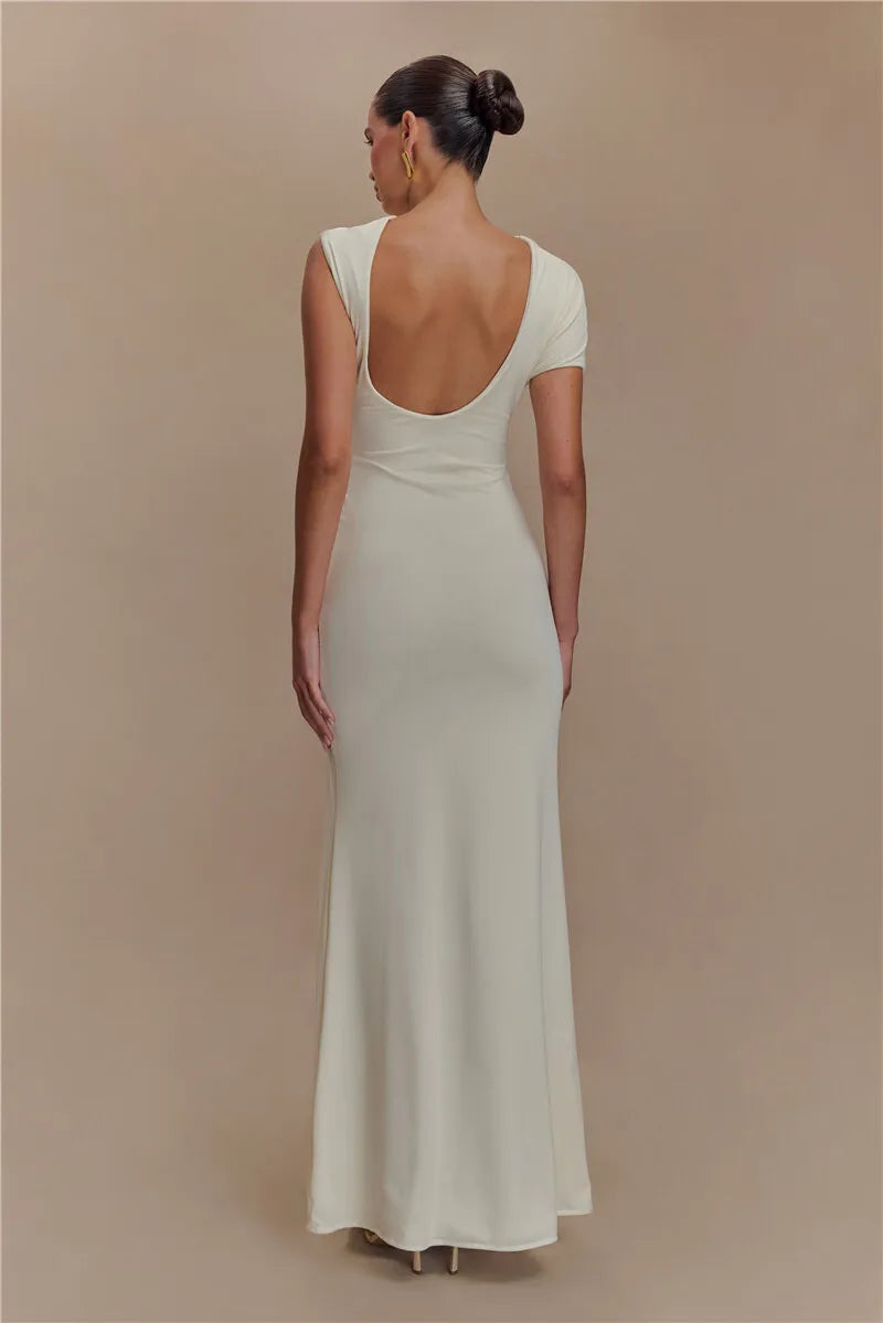 Elegant Maxi Dress with Ruching, One Sleeve, and Buckle Detail - Agatha