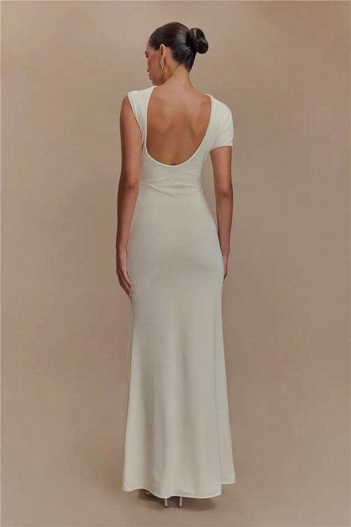 Elegant Maxi Dress with Ruching, One Sleeve, and Buckle Detail - Agatha