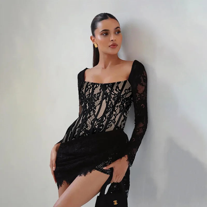 Lace mini dress with corset design - Ella Lee